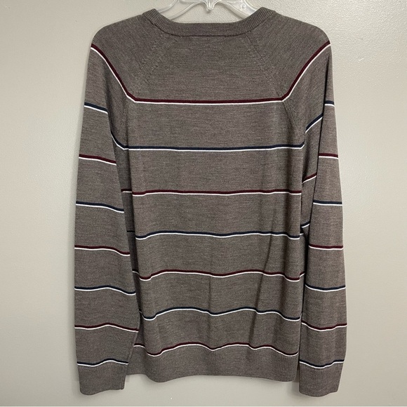 Banana Republic Merino Wool Sweater Mens L brown maroon Stripe Thin Crew Neck - Picture 5 of 9